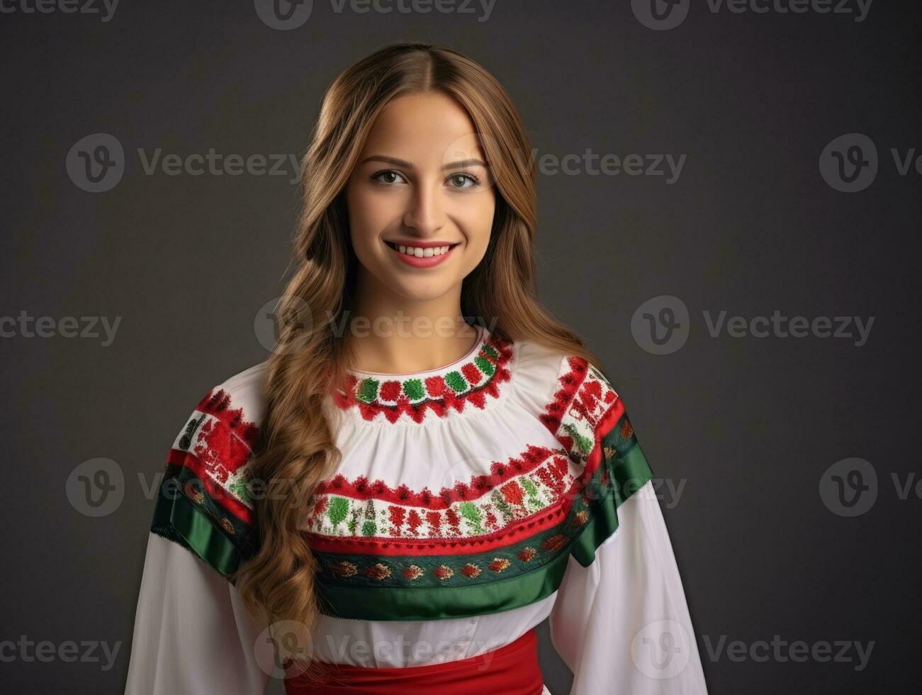 Smiling young woman of Mexican descent dressed in elegant dress on gray background AI Generative photo