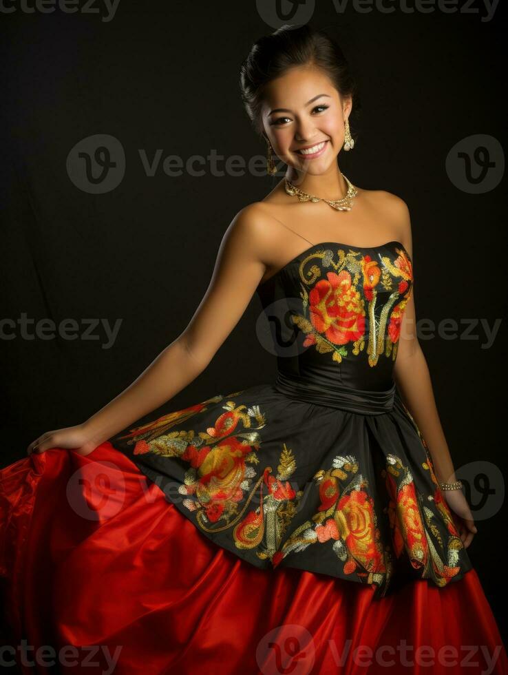 Smiling young woman of Mexican descent dressed in elegant dress on gray background AI Generative photo