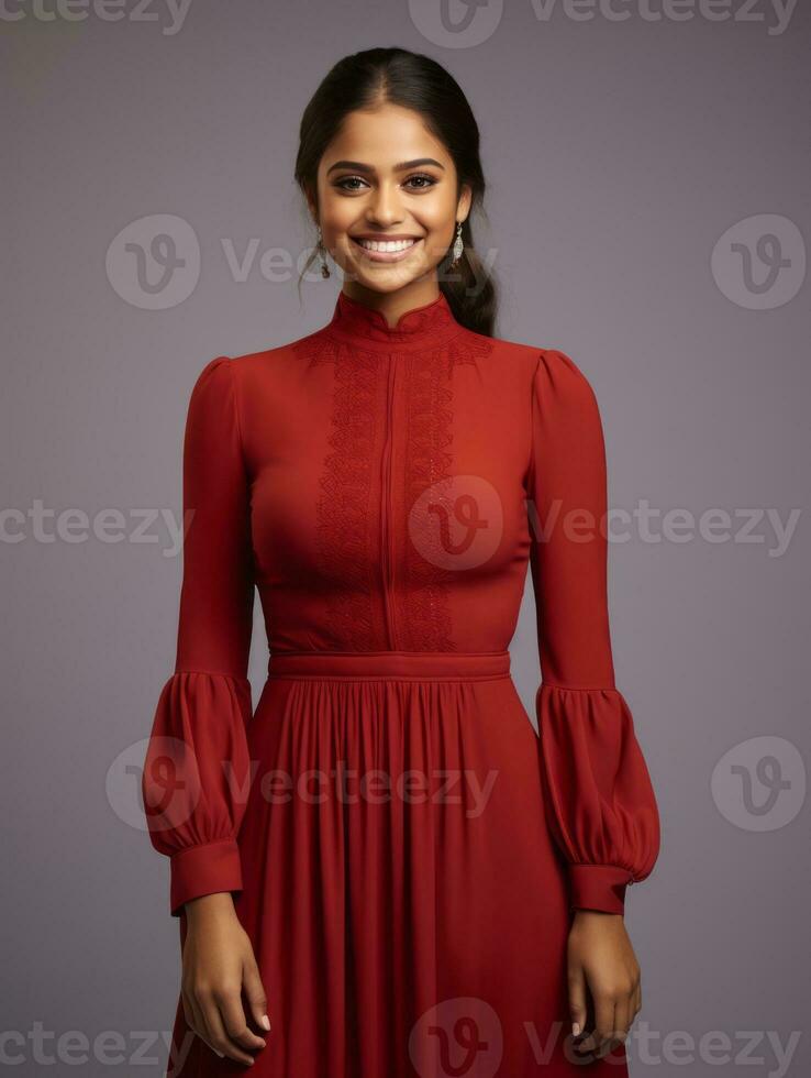 Smiling young woman of Mexican descent dressed in elegant dress on gray background AI Generative photo
