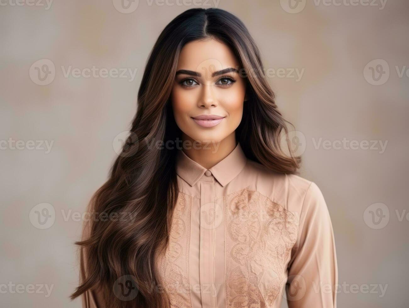 Smiling young woman of Mexican descent dressed in elegant dress on gray background AI Generative photo