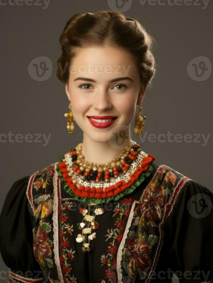 Smiling young woman of Mexican descent dressed in elegant dress on gray background AI Generative photo