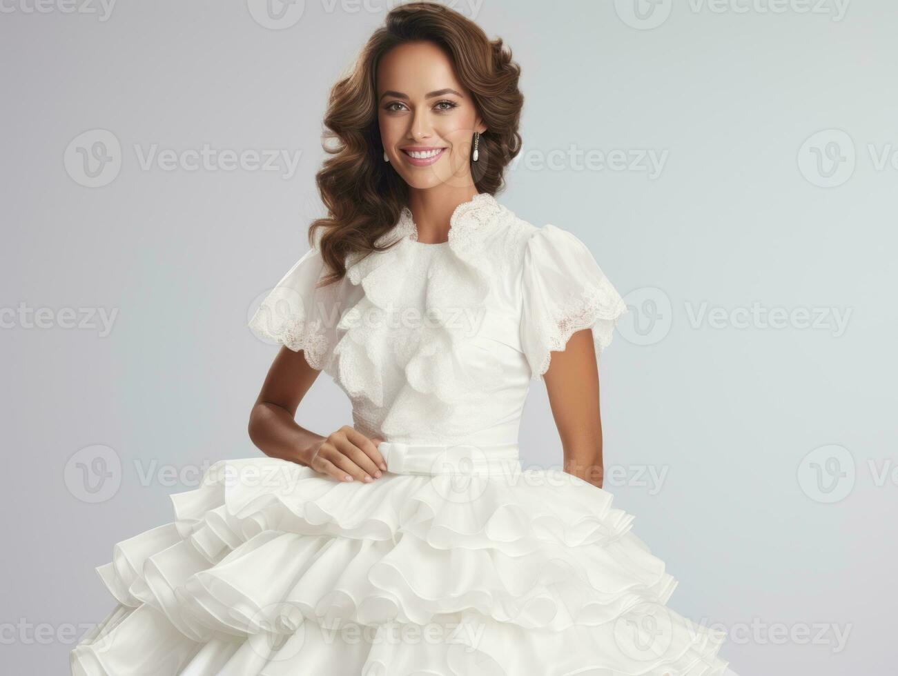 Smiling young woman of Mexican descent dressed in elegant dress on gray background AI Generative photo
