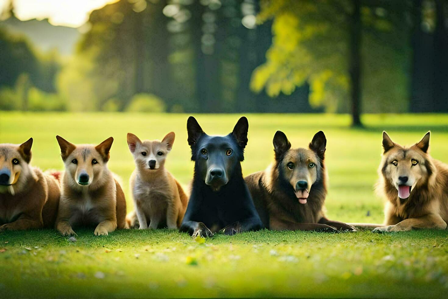a group of dogs sitting on the grass. AI-Generated photo