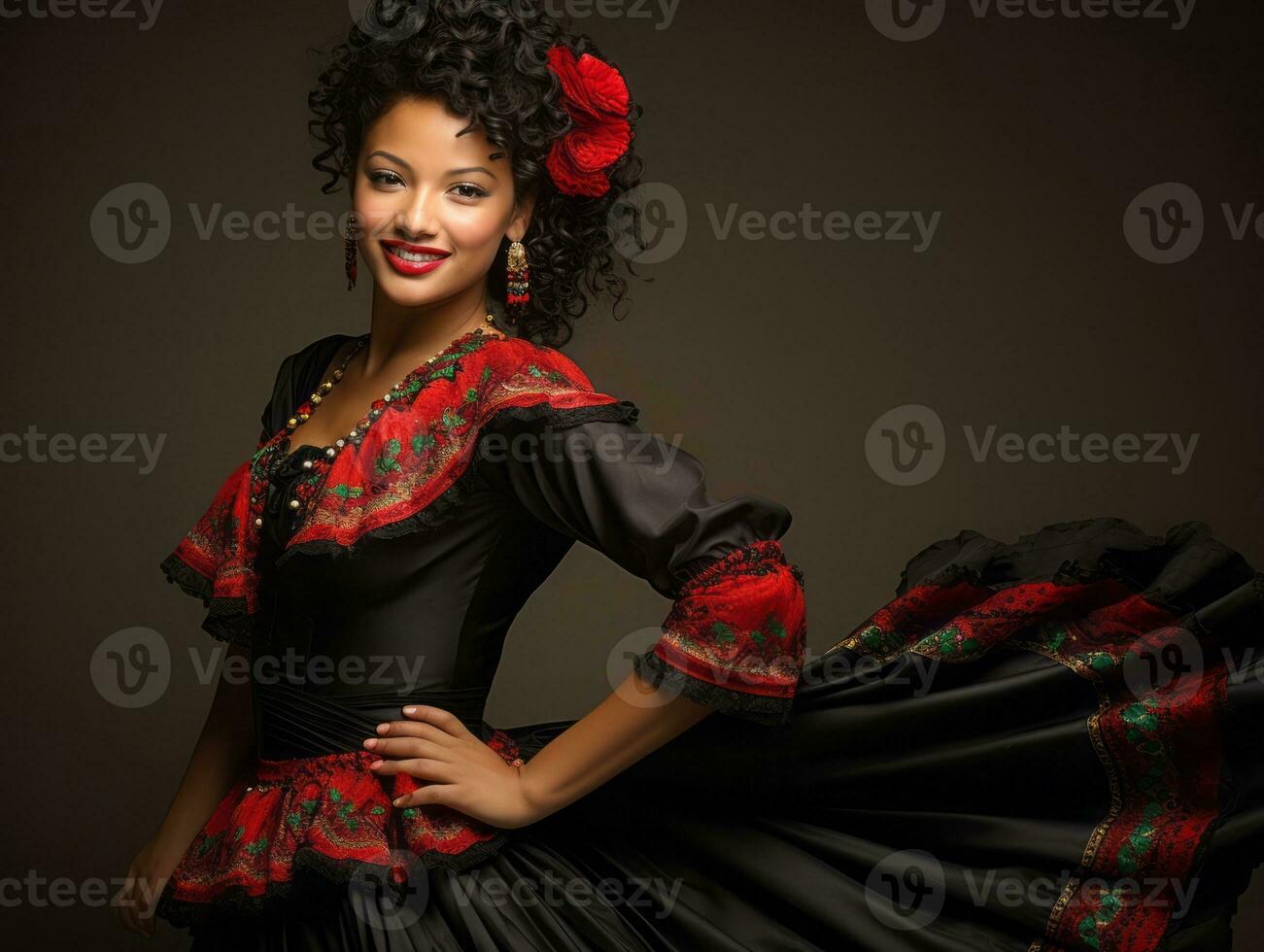 Smiling young woman of Mexican descent dressed in elegant dress on gray background AI Generative photo
