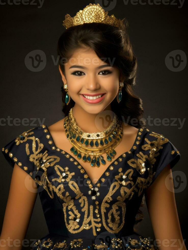 Smiling young woman of Mexican descent dressed in elegant dress on gray background AI Generative photo