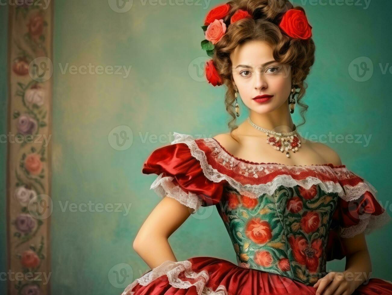 Smiling young woman of Mexican descent dressed in elegant dress on gray background AI Generative photo