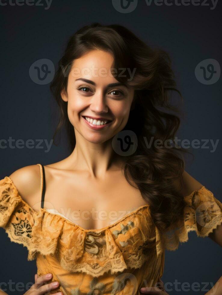 Smiling young woman of Mexican descent dressed in elegant dress on gray background AI Generative photo