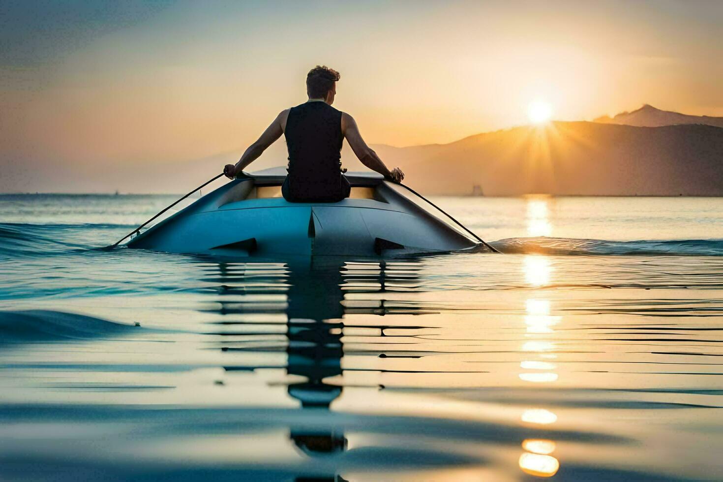 a man in a boat paddling in the ocean at sunset. AI-Generated photo