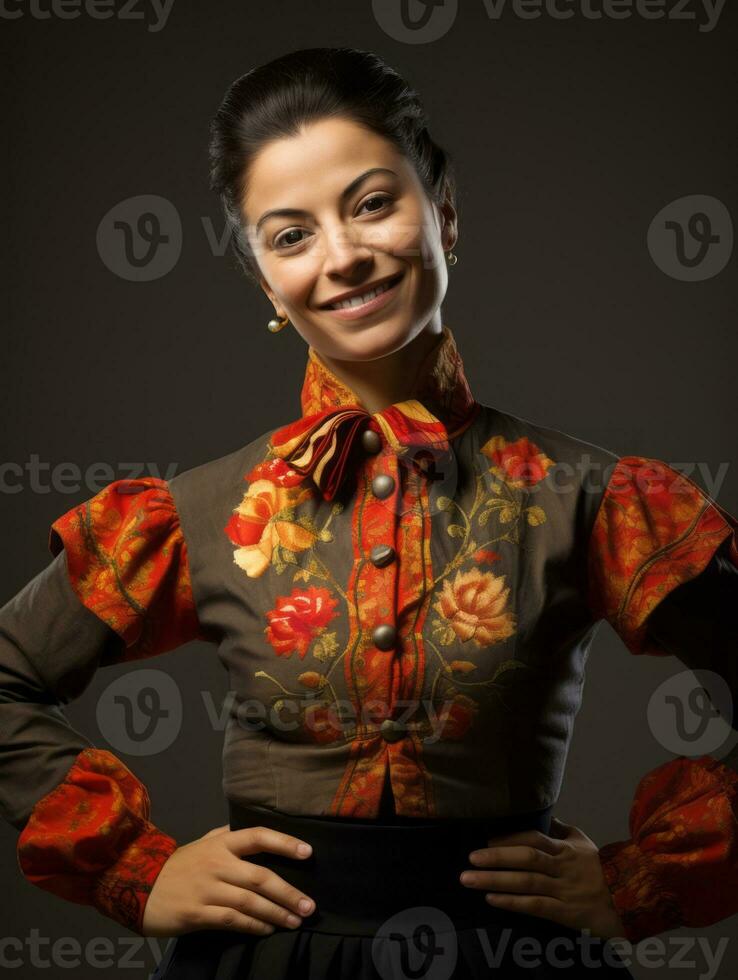 Smiling young woman of Mexican descent dressed in elegant dress on gray background AI Generative photo