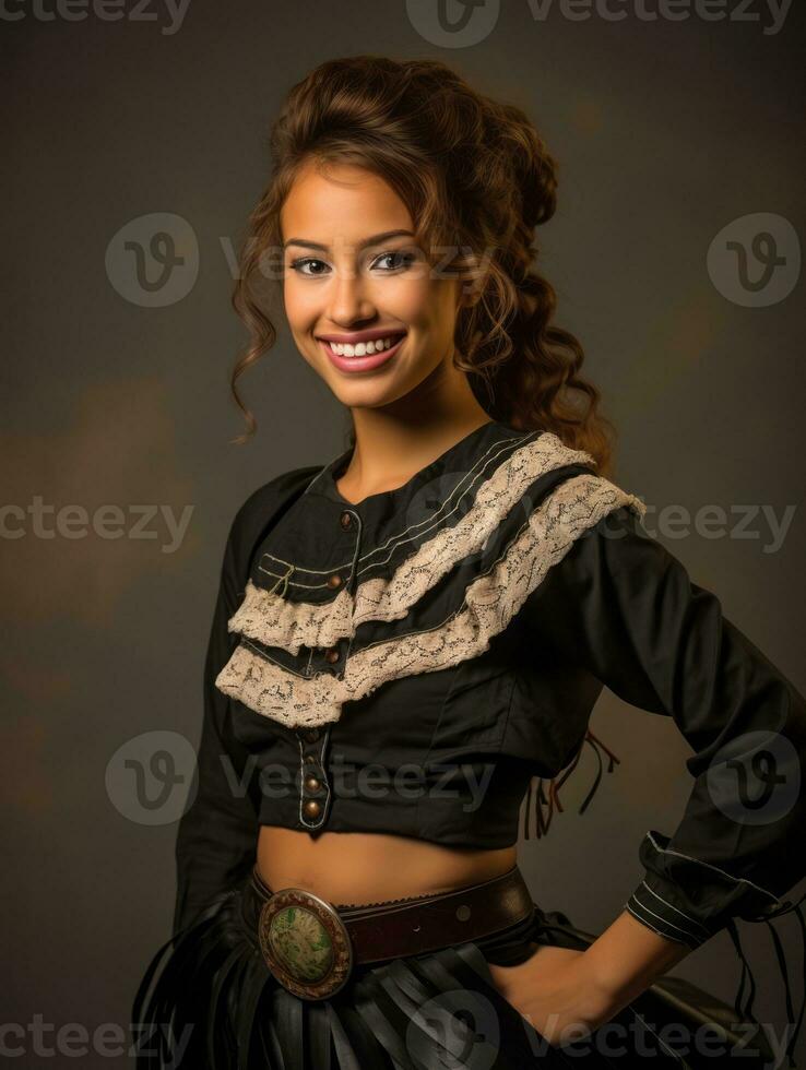 Smiling young woman of Mexican descent dressed in elegant dress on gray background AI Generative photo