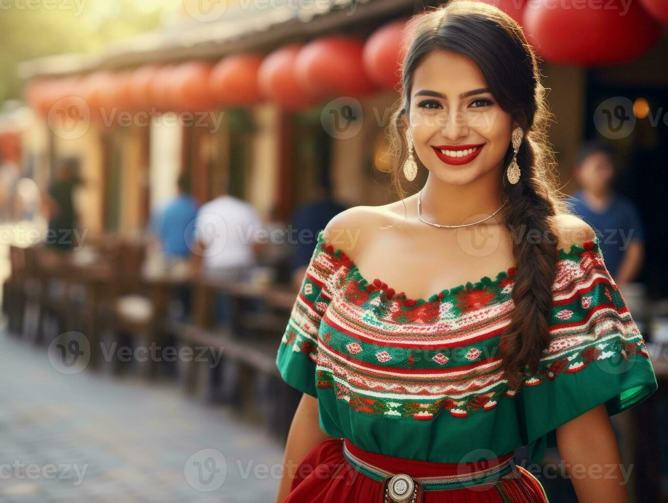 sonriente joven mujer de mexicano descendencia vestido en elegante vestir en gris antecedentes ai generativo foto