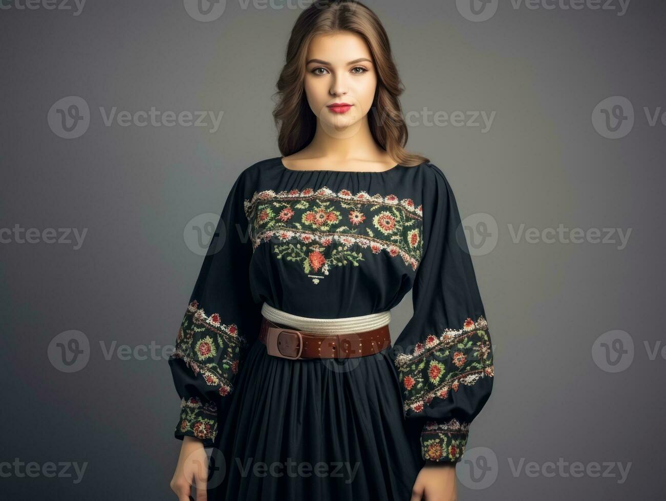 Smiling young woman of Mexican descent dressed in elegant dress on gray background AI Generative photo