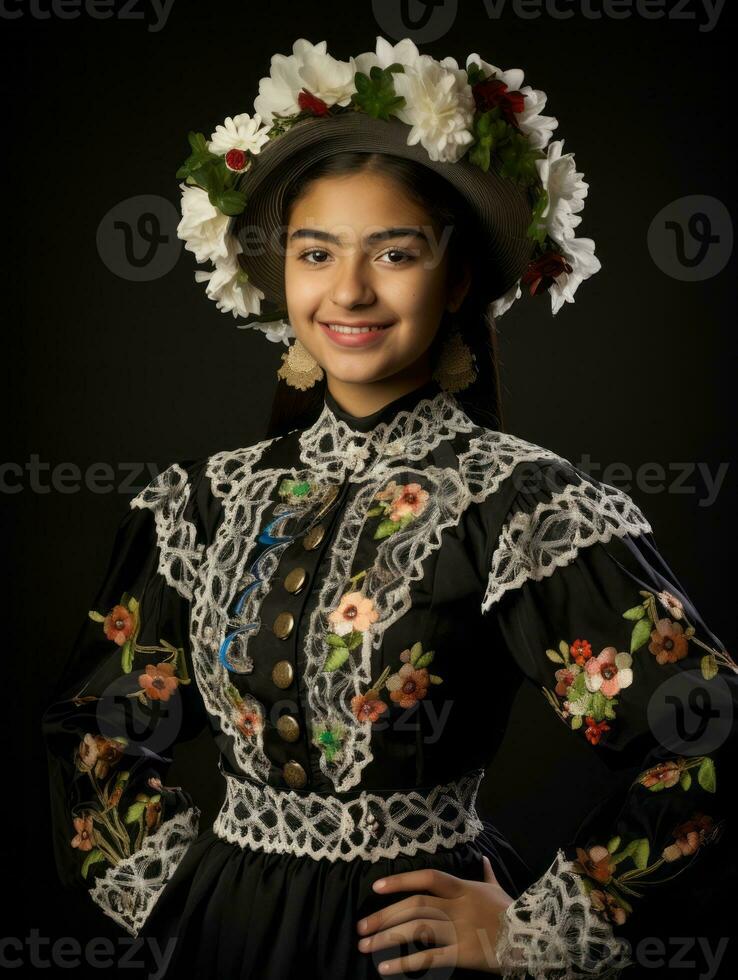 Smiling young woman of Mexican descent dressed in elegant dress on gray background AI Generative photo