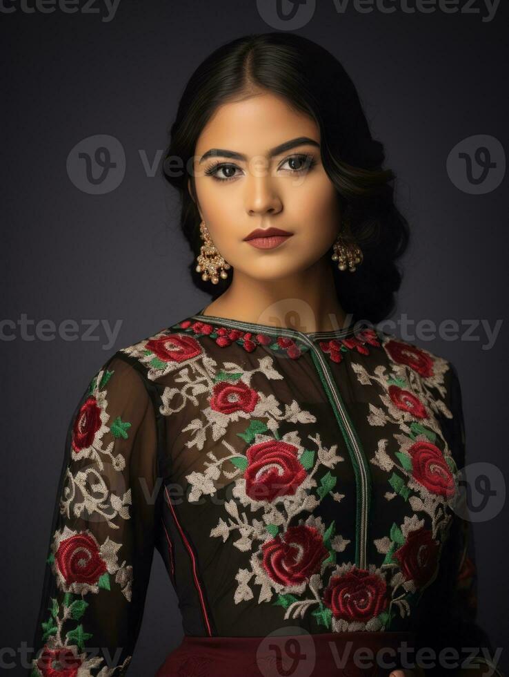 Smiling young woman of Mexican descent dressed in elegant dress on gray background AI Generative photo