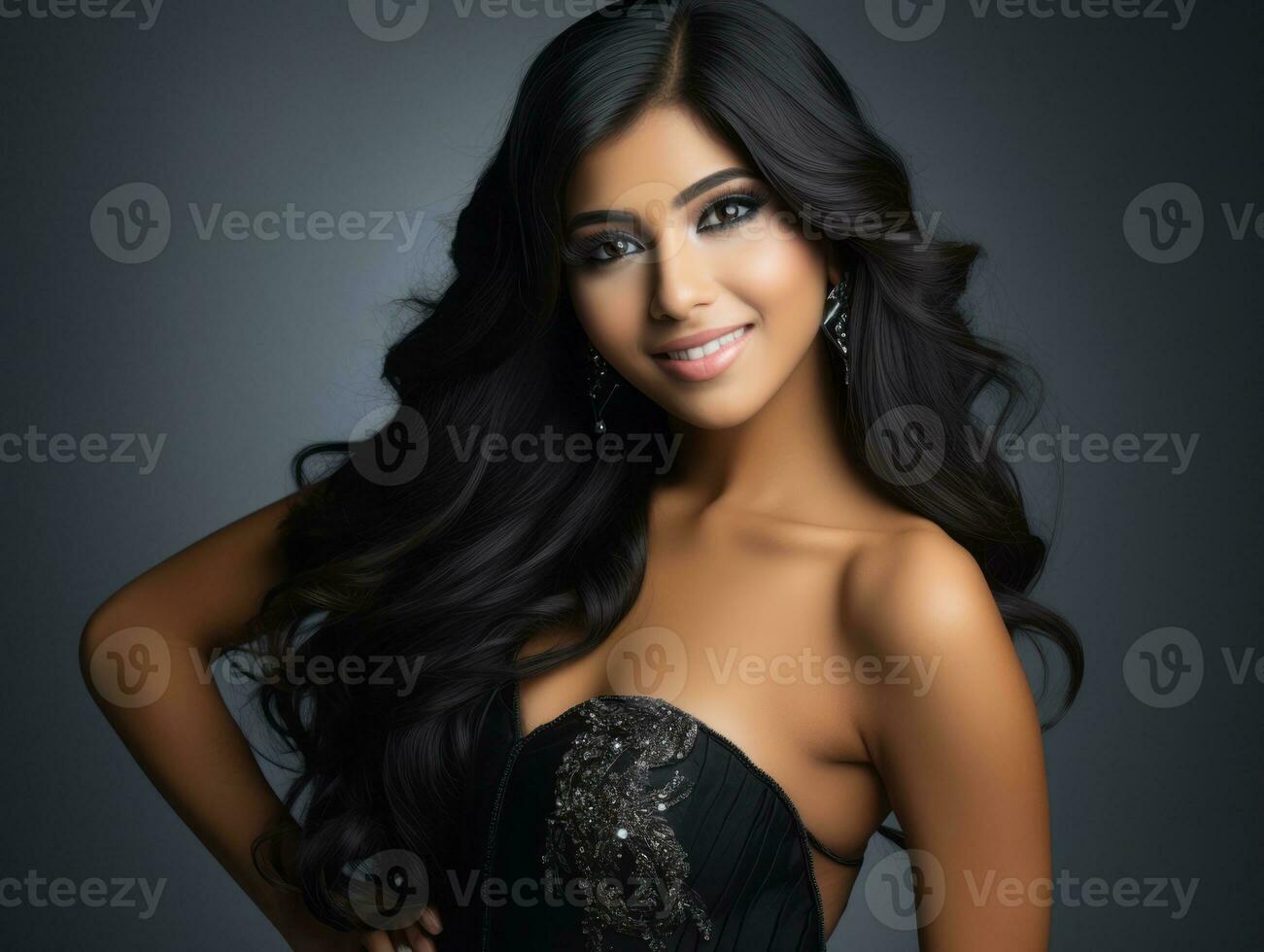 Smiling young woman of Mexican descent dressed in elegant dress on gray background AI Generative photo