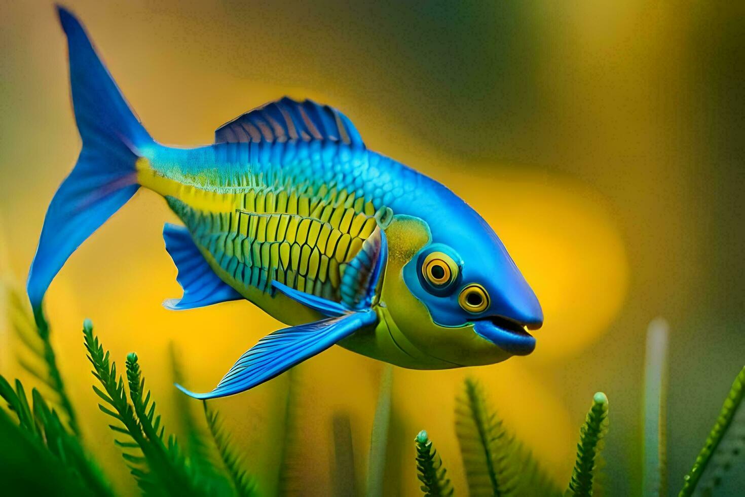 a blue and yellow fish in the grass. AI-Generated photo