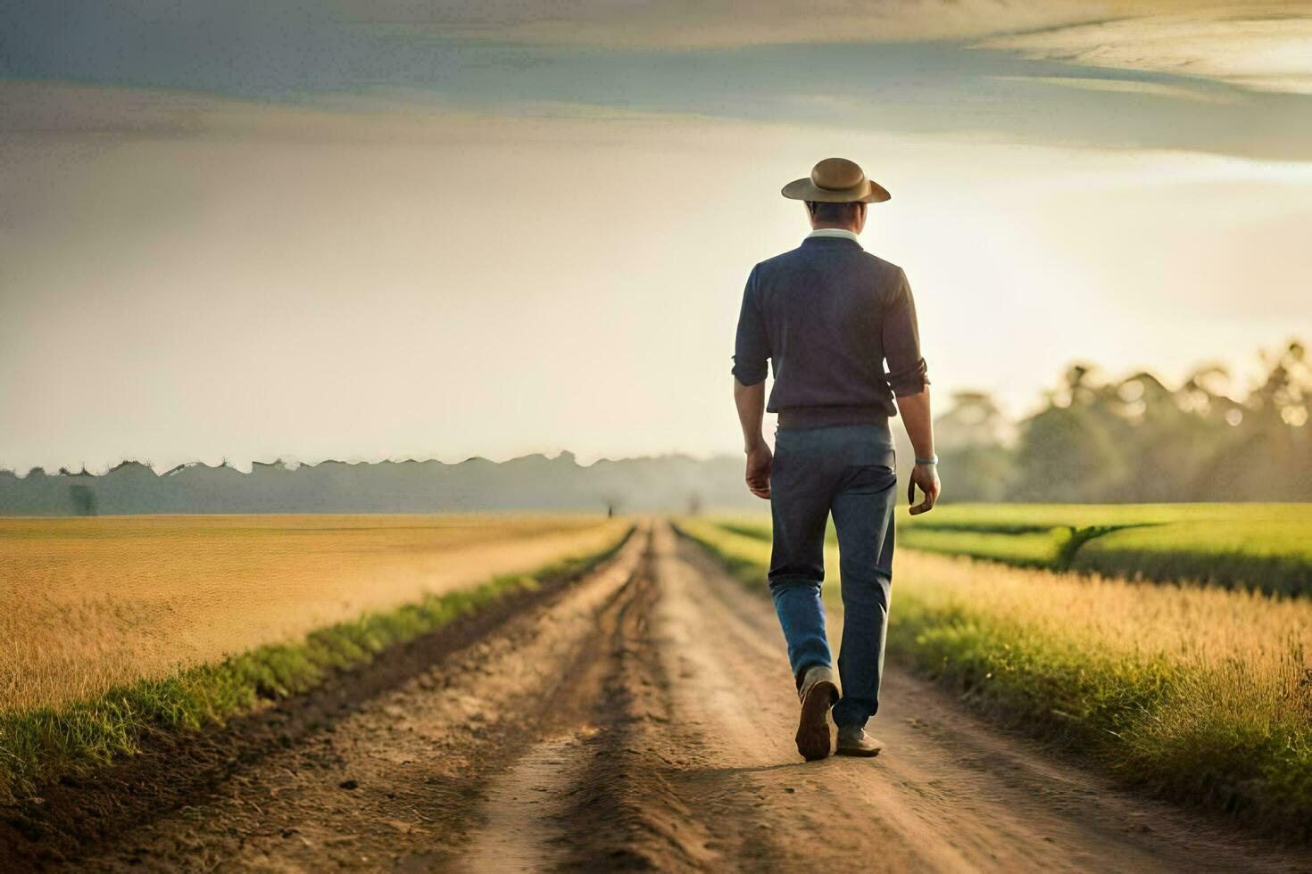 un hombre en un vaquero sombrero caminando abajo un suciedad la carretera. generado por ai foto