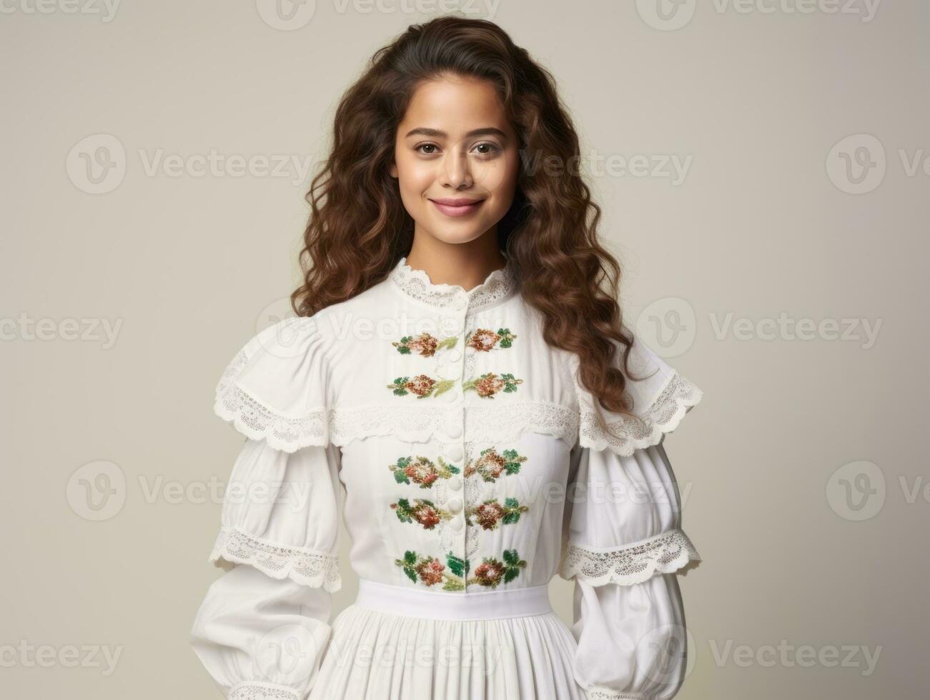 Smiling young woman of Mexican descent dressed in elegant dress on gray background AI Generative photo