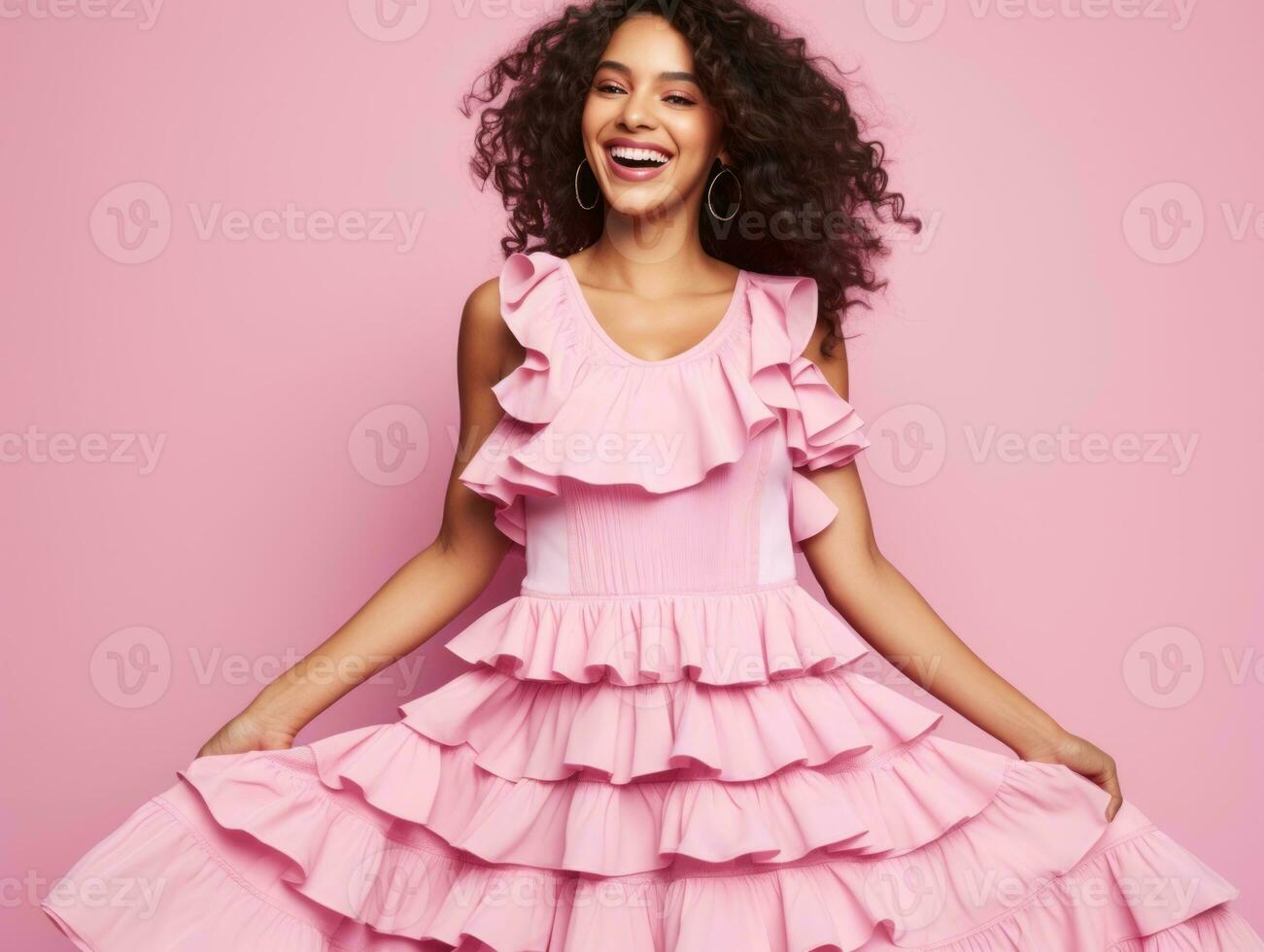 Smiling young woman of Mexican descent dressed in elegant dress on gray background AI Generative photo
