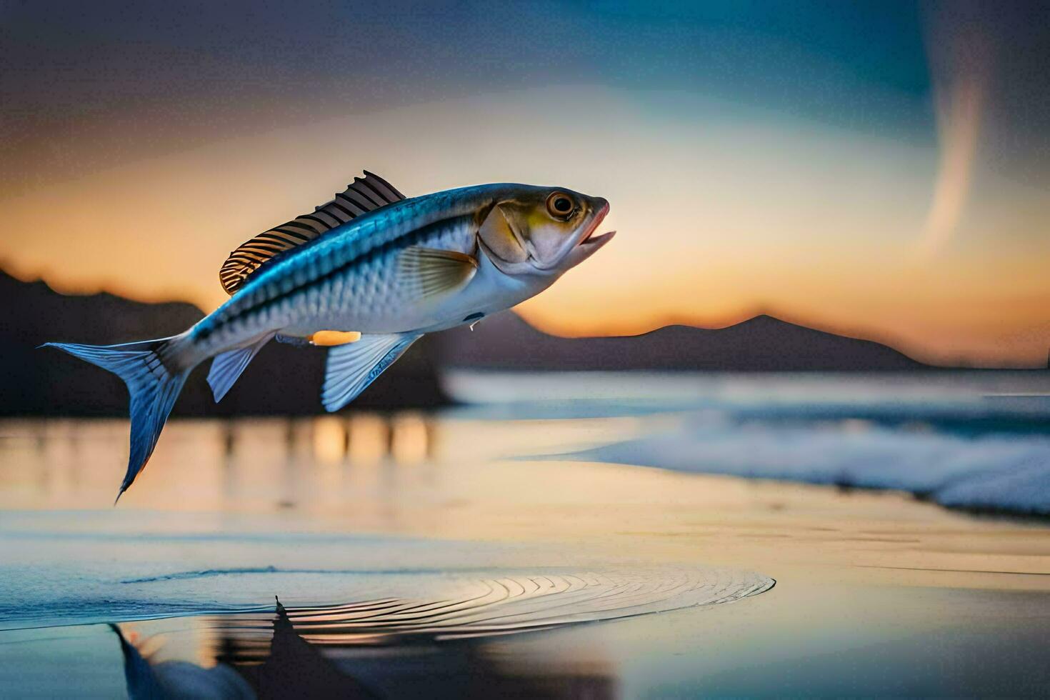 un pescado es saltando fuera de el agua a puesta de sol. generado por ai foto