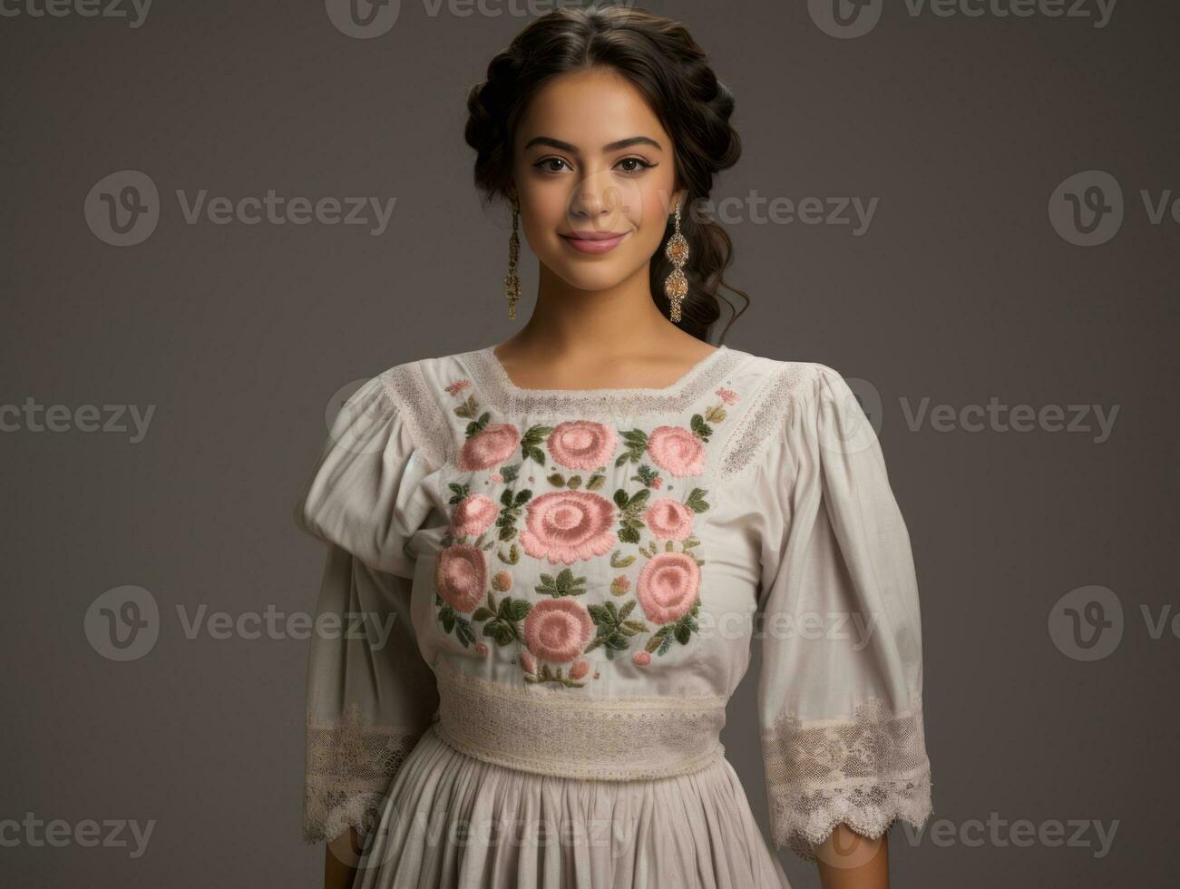 Smiling young woman of Mexican descent dressed in elegant dress on gray background AI Generative photo