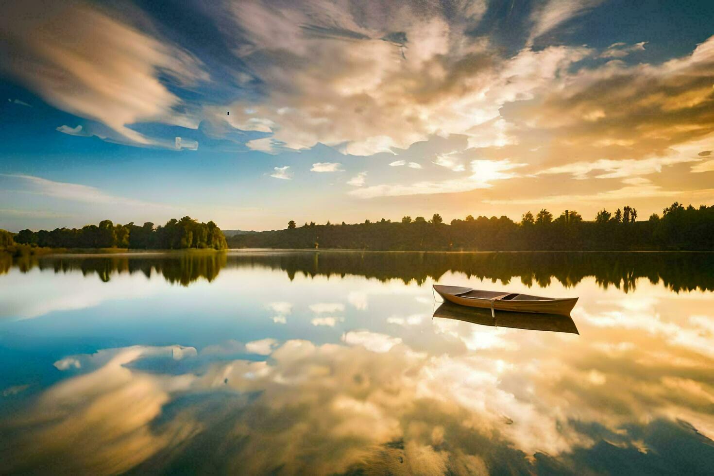 a boat is floating on a calm lake at sunset. AI-Generated photo