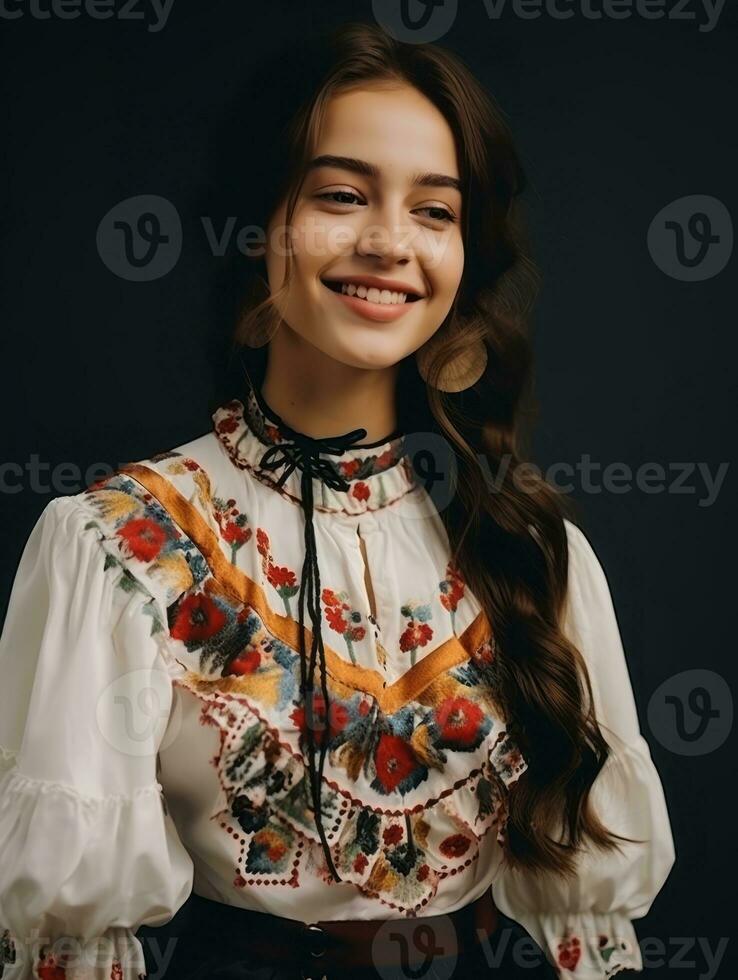 Smiling young woman of Mexican descent dressed in elegant dress on gray background AI Generative photo