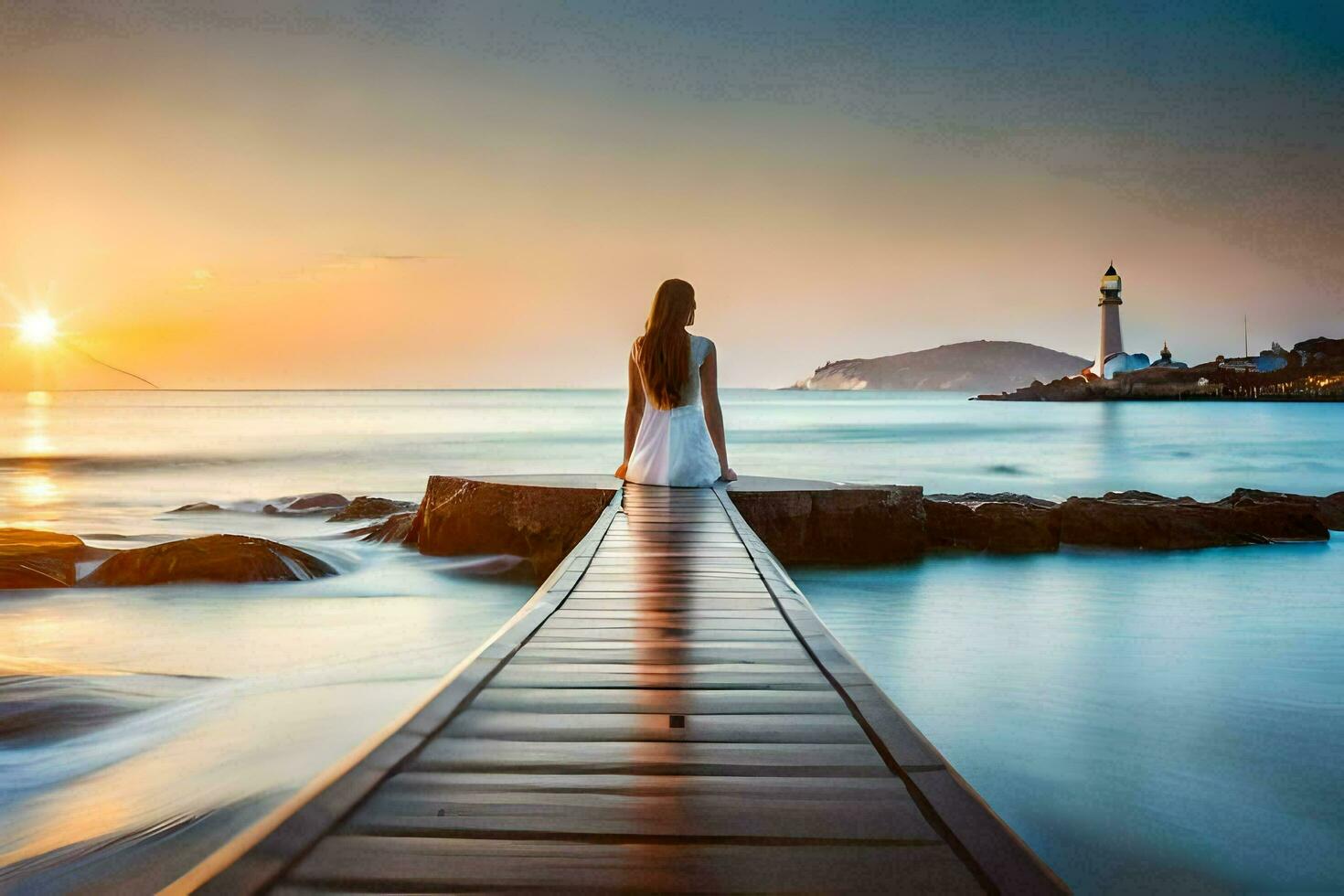 a woman standing on a pier looking out at the ocean at sunset. AI-Generated photo