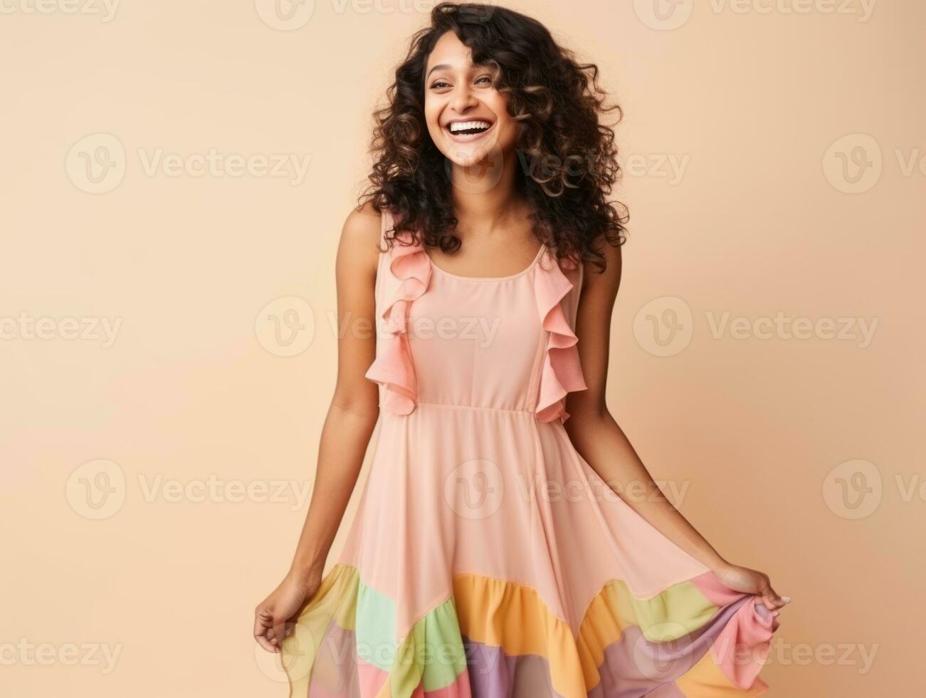 Smiling young woman of Mexican descent dressed in elegant dress on gray background AI Generative photo