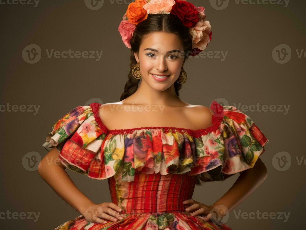 sonriente joven mujer de mexicano descendencia vestido en elegante vestir en gris antecedentes ai generativo foto