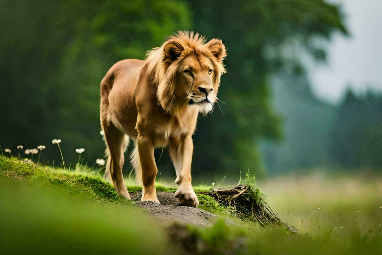 a lion walking across a grassy field. AI-Generated photo
