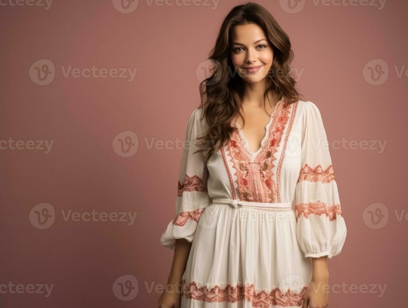 Smiling young woman of Mexican descent dressed in elegant dress on gray background AI Generative photo