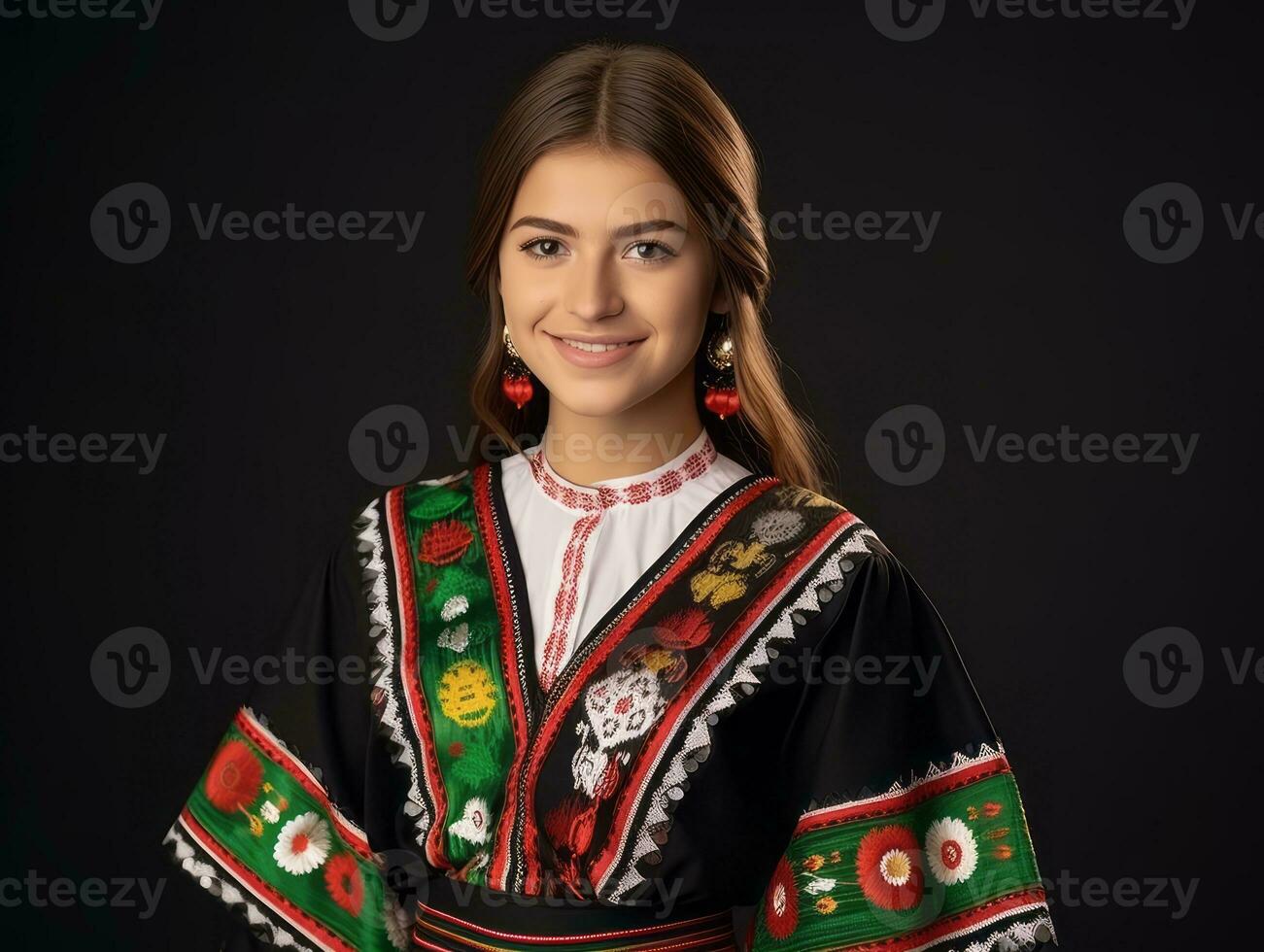 Smiling young woman of Mexican descent dressed in elegant dress on gray background AI Generative photo