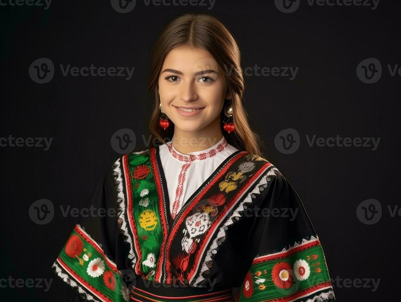 sonriente joven mujer de mexicano descendencia vestido en elegante vestir en gris antecedentes ai generativo foto