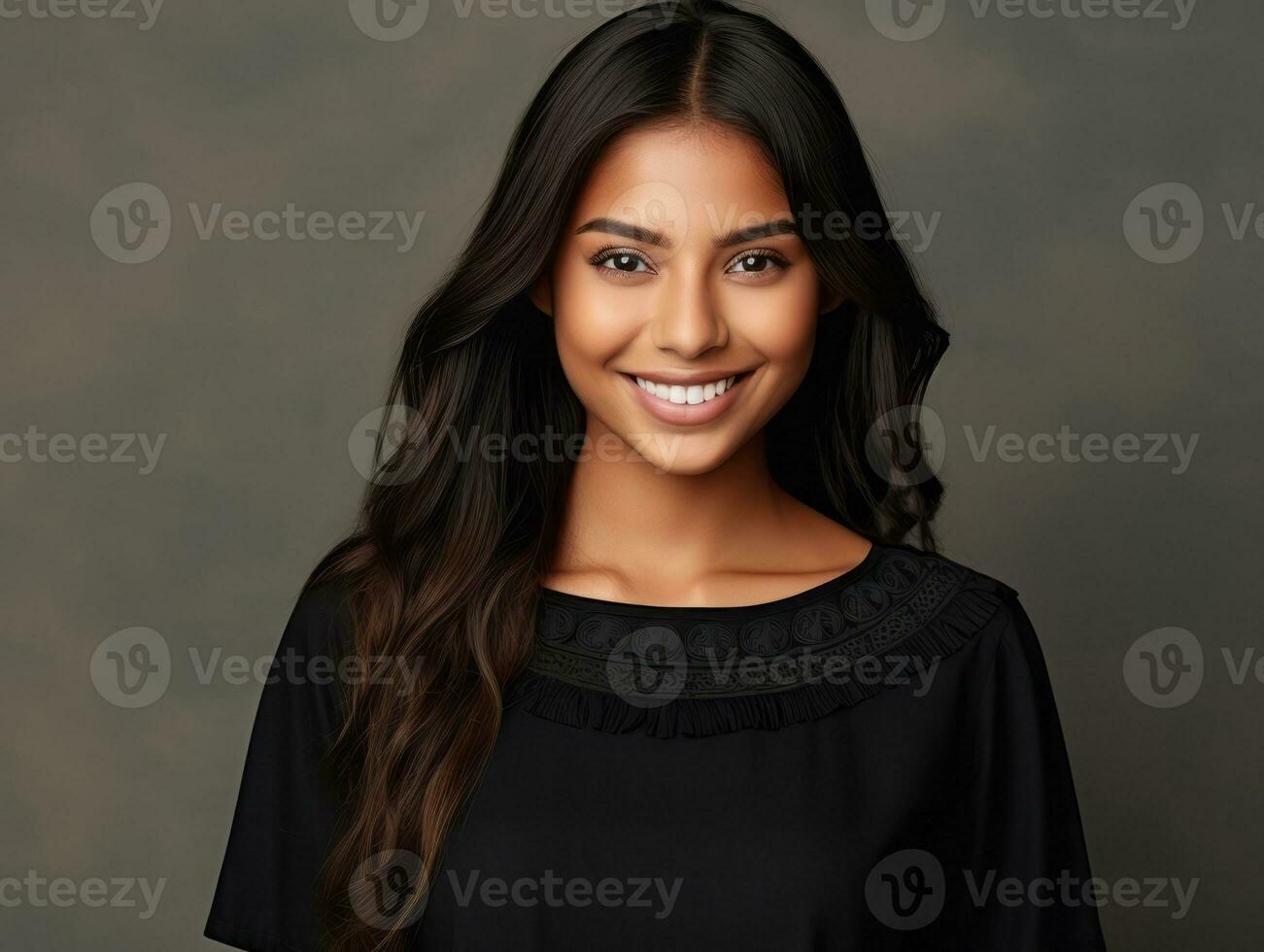 Smiling young woman of Mexican descent dressed in elegant dress on gray background AI Generative photo