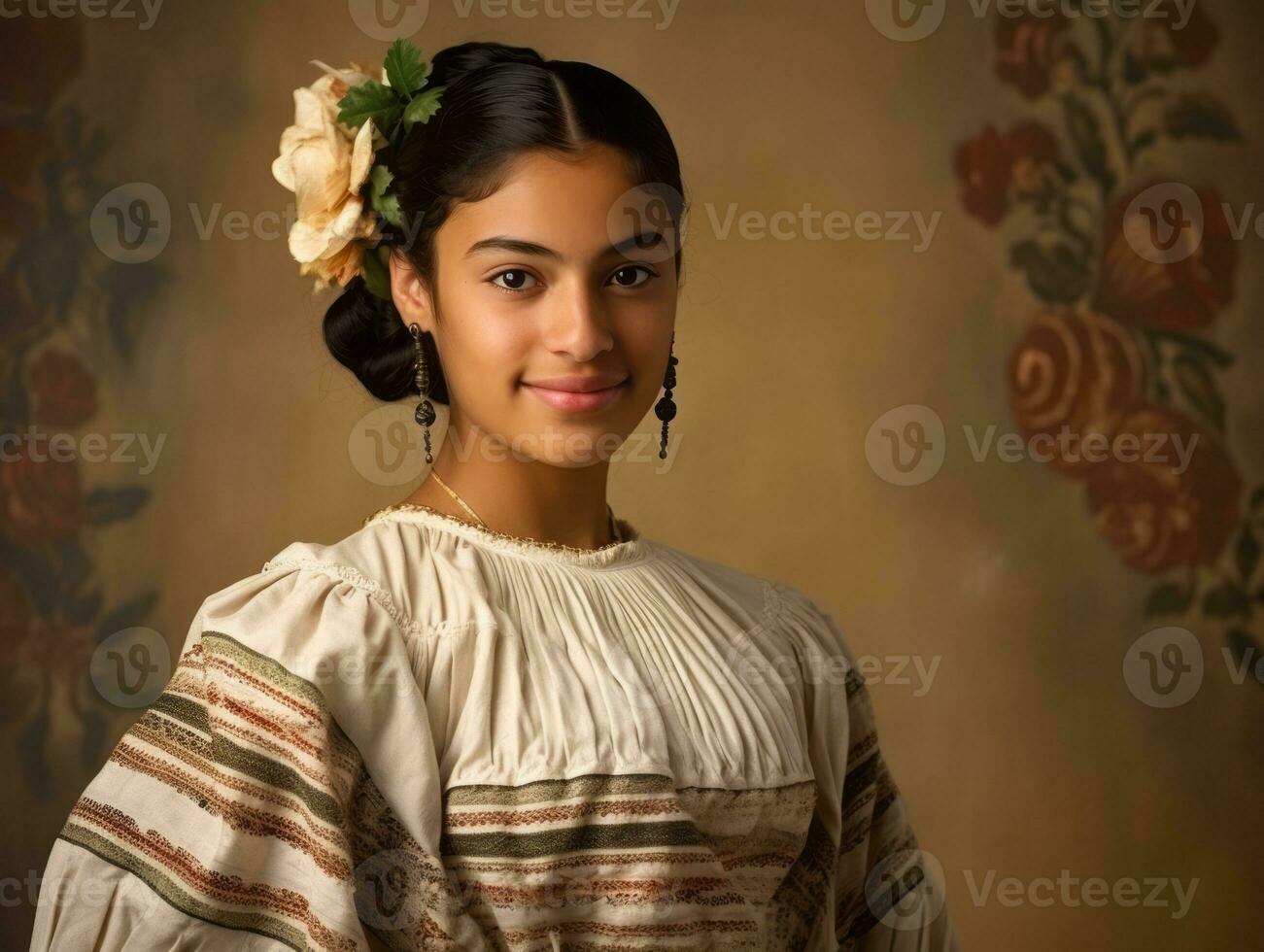 sonriente joven mujer de mexicano descendencia vestido en elegante vestir en gris antecedentes ai generativo foto