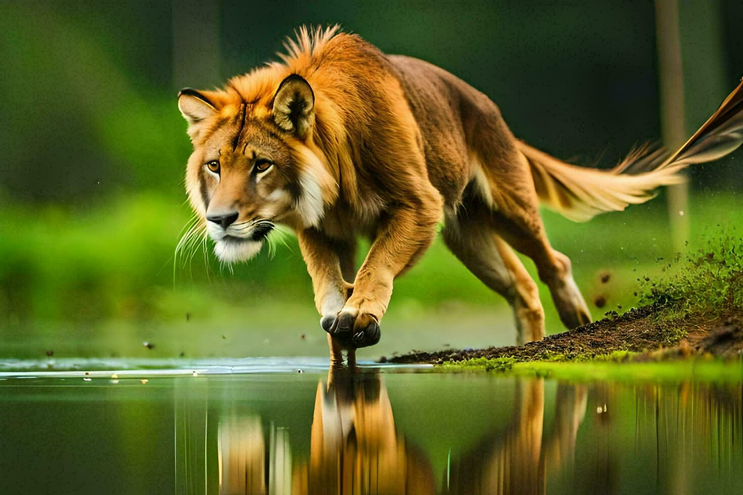 a lion walking across a pond in the forest. AI-Generated photo