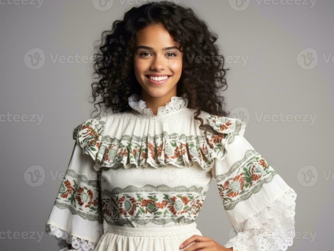 Smiling young woman of Mexican descent dressed in elegant dress on gray background AI Generative photo