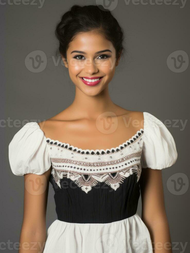 Smiling young woman of Mexican descent dressed in elegant dress on gray background AI Generative photo