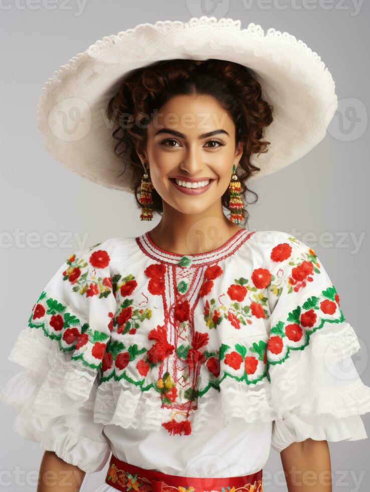 Smiling young woman of Mexican descent dressed in elegant dress on gray background AI Generative photo