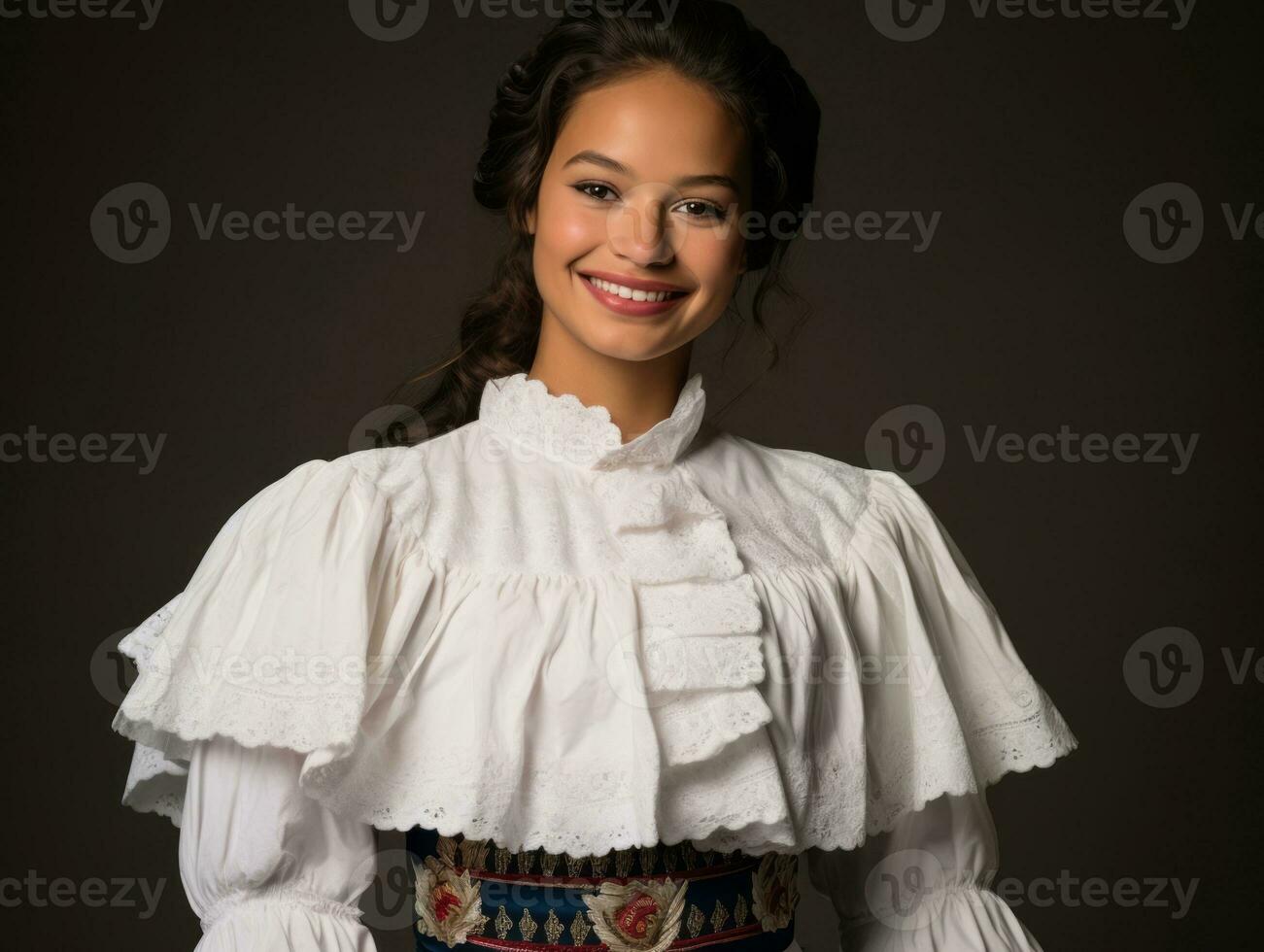 Smiling young woman of Mexican descent dressed in elegant dress on gray background AI Generative photo