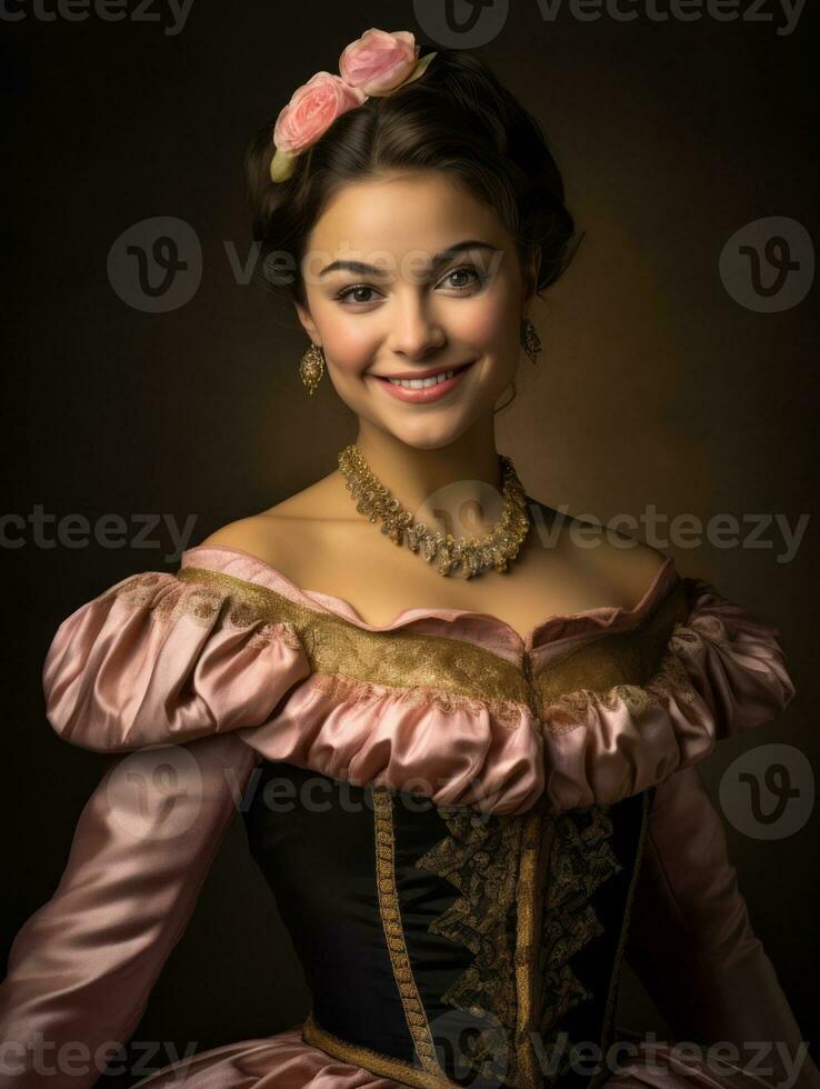 sonriente joven mujer de mexicano descendencia vestido en elegante vestir en gris antecedentes ai generativo foto