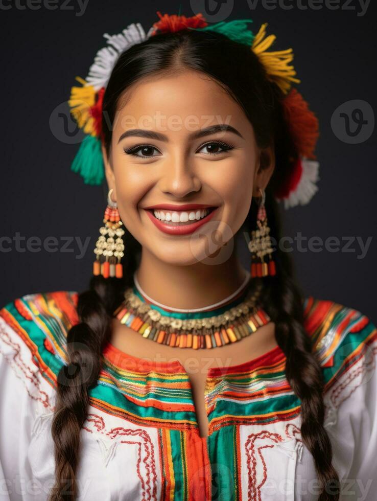 sonriente joven mujer de mexicano descendencia vestido en elegante vestir en gris antecedentes ai generativo foto