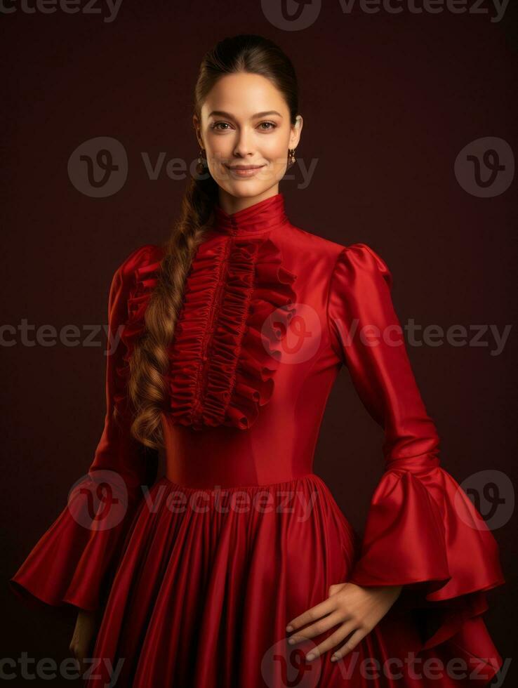 Smiling young woman of Mexican descent dressed in elegant dress on gray background AI Generative photo