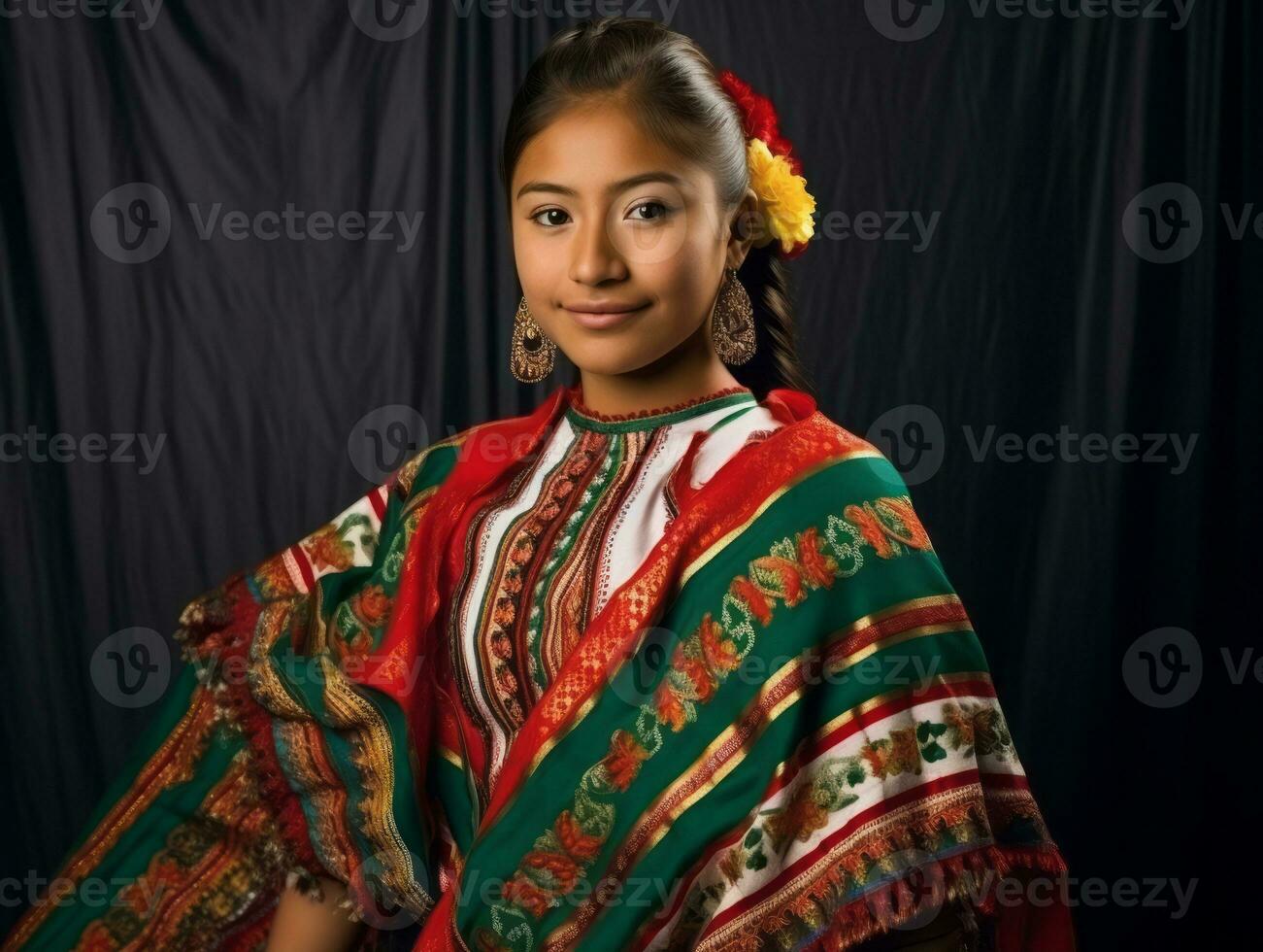 sonriente joven mujer de mexicano descendencia vestido en elegante vestir en gris antecedentes ai generativo foto