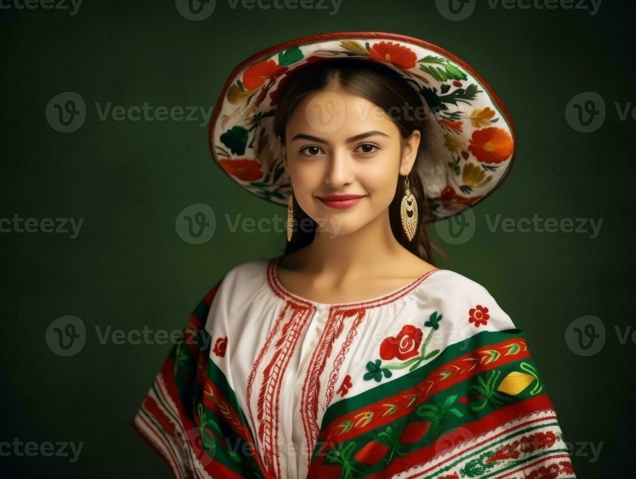 Smiling young woman of Mexican descent dressed in elegant dress on gray background AI Generative photo