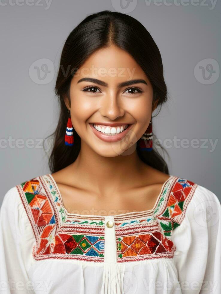 Smiling young woman of Mexican descent dressed in elegant dress on gray background AI Generative photo