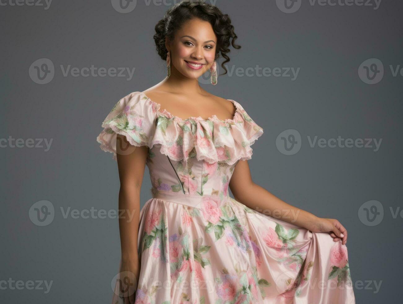Smiling young woman of Mexican descent dressed in elegant dress on gray background AI Generative photo