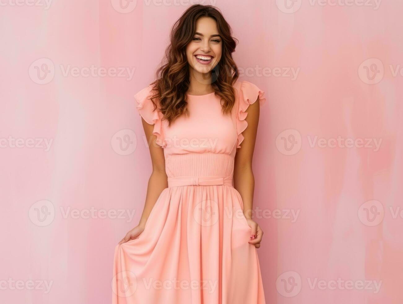 Smiling young woman of Mexican descent dressed in elegant dress on gray background AI Generative photo