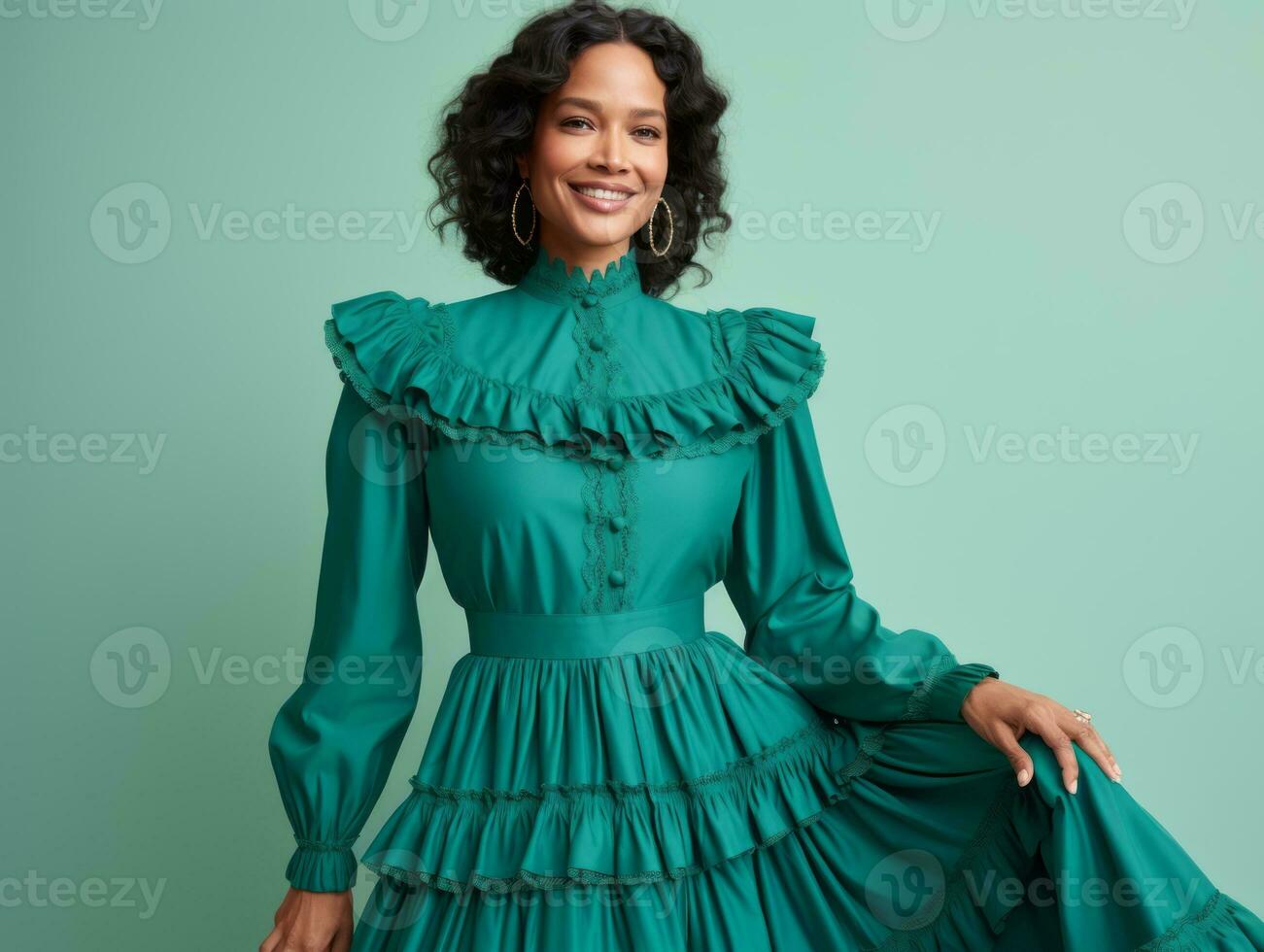 Smiling young woman of Mexican descent dressed in elegant dress on gray background AI Generative photo